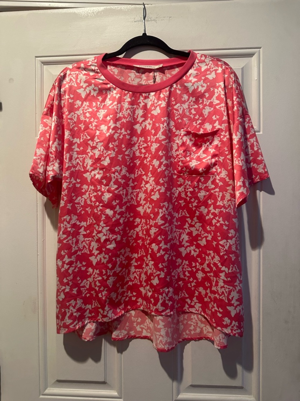 Ellison Pink Butterfly Print Short Sleeve Blouse with White Accents